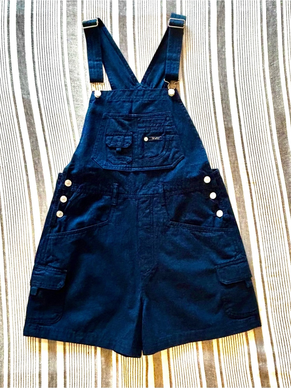 Vintage 90s Revolt Navy Blue Denim Cargo Shortalls Overalls Size Large
